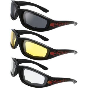 imageMotorcycle Riding Glasses Padded Frame Lens Block 100 UVBUVB for Outdoor Activity Sport1410shiny Blackflame Print