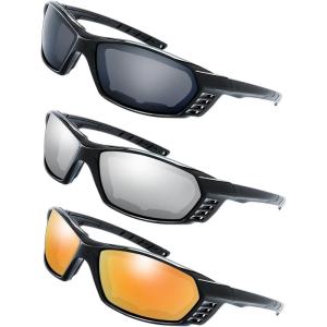 imageThe Fresh 3 Pairs Motorcycle Riding Glasses Padded Frame Lens Block 100 UVB for Outdoor Activity Sport 11Shiny Black Grey Silver Mirror ampamp Red Mirror